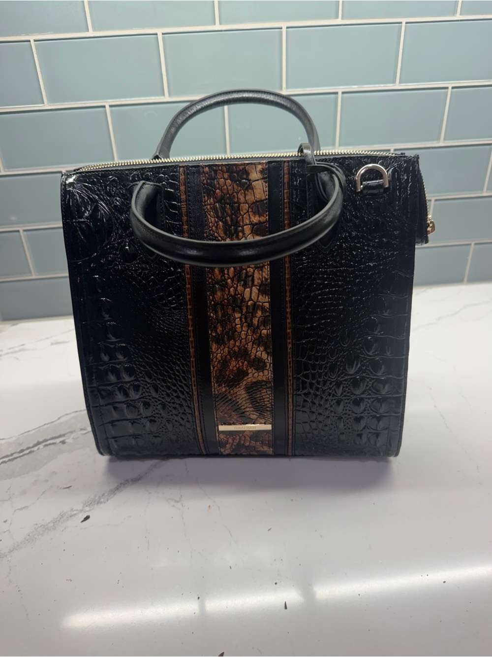 Brahmin Black Croc-Embossed Satchel with Brown Snake-Print Stripe